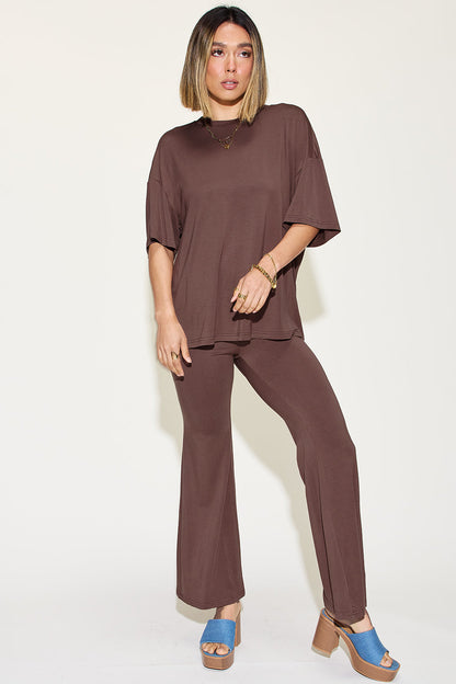 Shopbasicbae Basic Bae Full Size Bamboo Drop Shoulder T-shirt and Flare Pants Set in Coral view 15 - Basic Bae Lounge Set