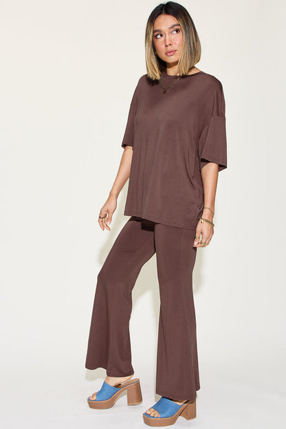 Shopbasicbae Basic Bae Full Size Bamboo Drop Shoulder T-shirt and Flare Pants Set in Coral view 16 - Basic Bae Lounge Set