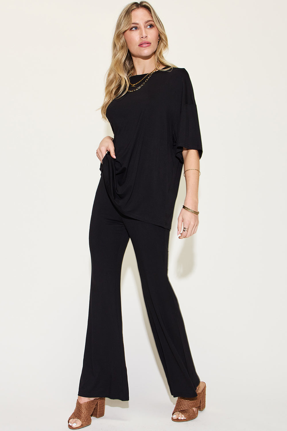 Shopbasicbae Basic Bae Full Size Bamboo Drop Shoulder T-shirt and Flare Pants Set in Black view 3 - Basic Bae Lounge Set