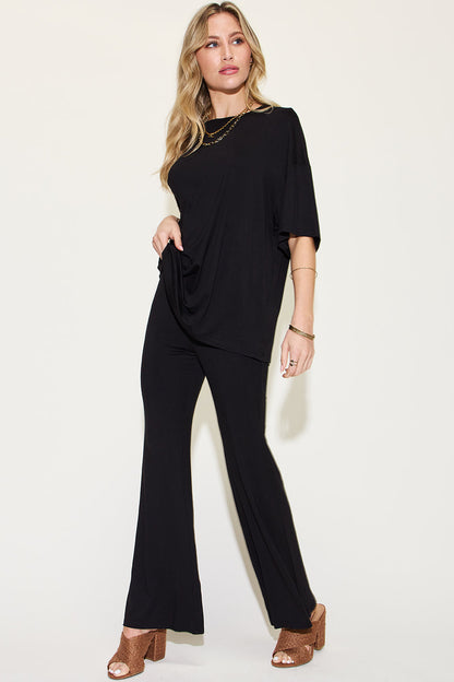Shopbasicbae Basic Bae Full Size Bamboo Drop Shoulder T-shirt and Flare Pants Set in Black view 3 - Basic Bae Lounge Set