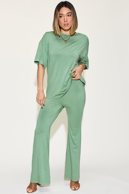 Shopbasicbae Basic Bae Full Size Bamboo Drop Shoulder T-shirt and Flare Pants Set in Black view 4 - Basic Bae Lounge Set