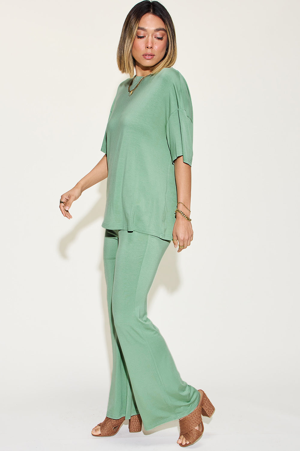 Shopbasicbae Basic Bae Full Size Bamboo Drop Shoulder T-shirt and Flare Pants Set in Black view 5 - Basic Bae Lounge Set