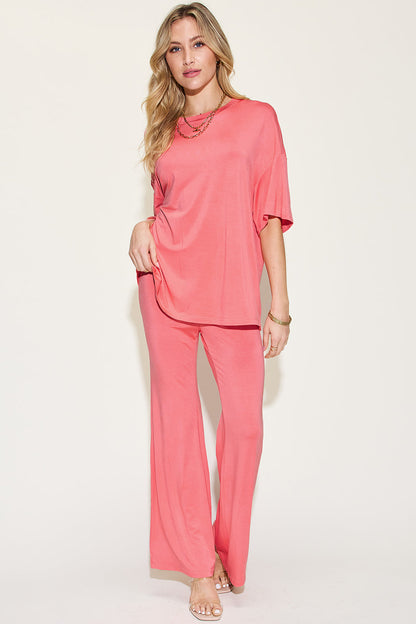 Shopbasicbae Basic Bae Full Size Bamboo Drop Shoulder T-shirt and Flare Pants Set in Sage view 7 - Basic Bae Lounge Set