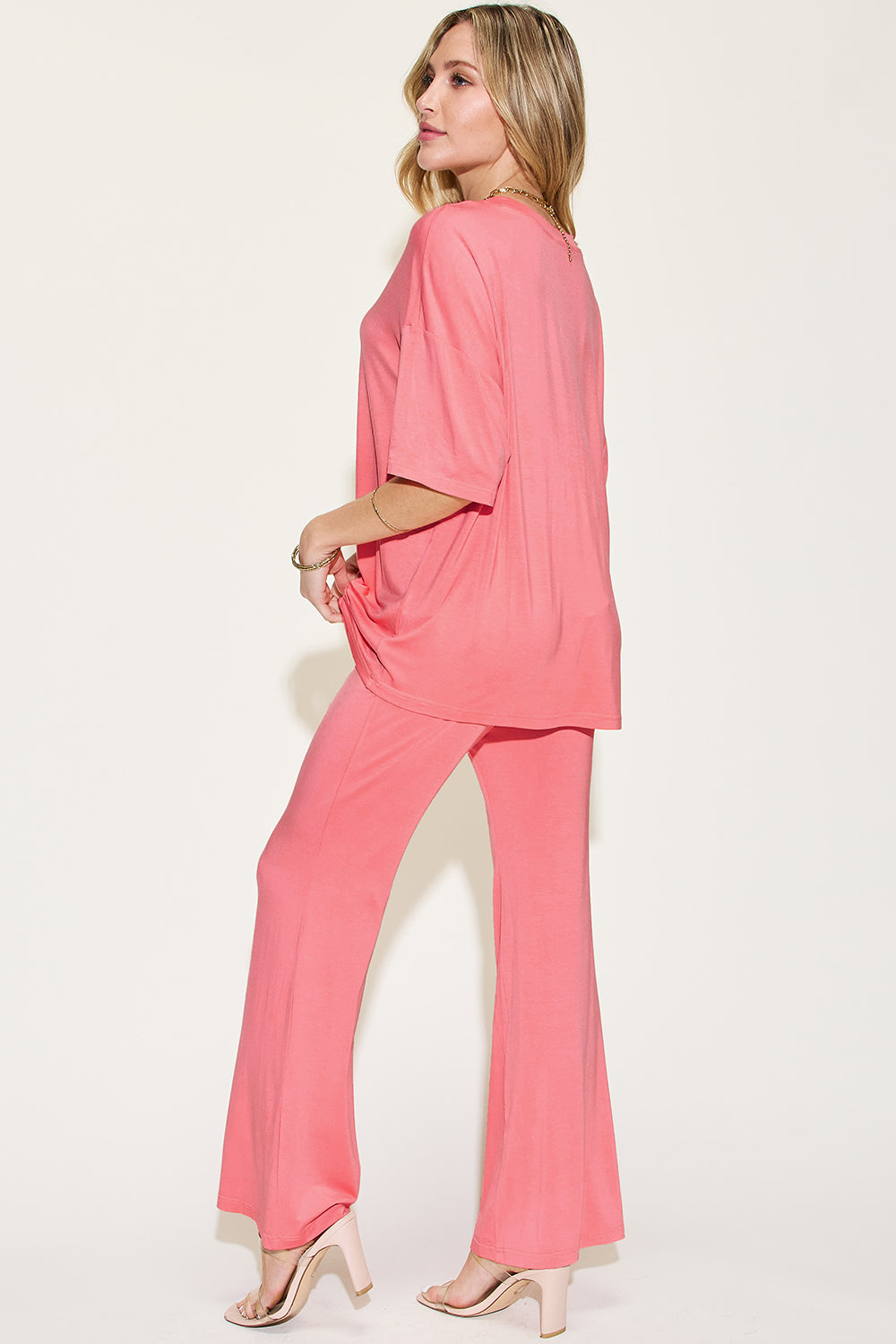 Shopbasicbae Basic Bae Full Size Bamboo Drop Shoulder T-shirt and Flare Pants Set in Sage view 9 - Basic Bae Lounge Set