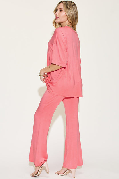 Shopbasicbae Basic Bae Full Size Bamboo Drop Shoulder T-shirt and Flare Pants Set in Sage view 9 - Basic Bae Lounge Set