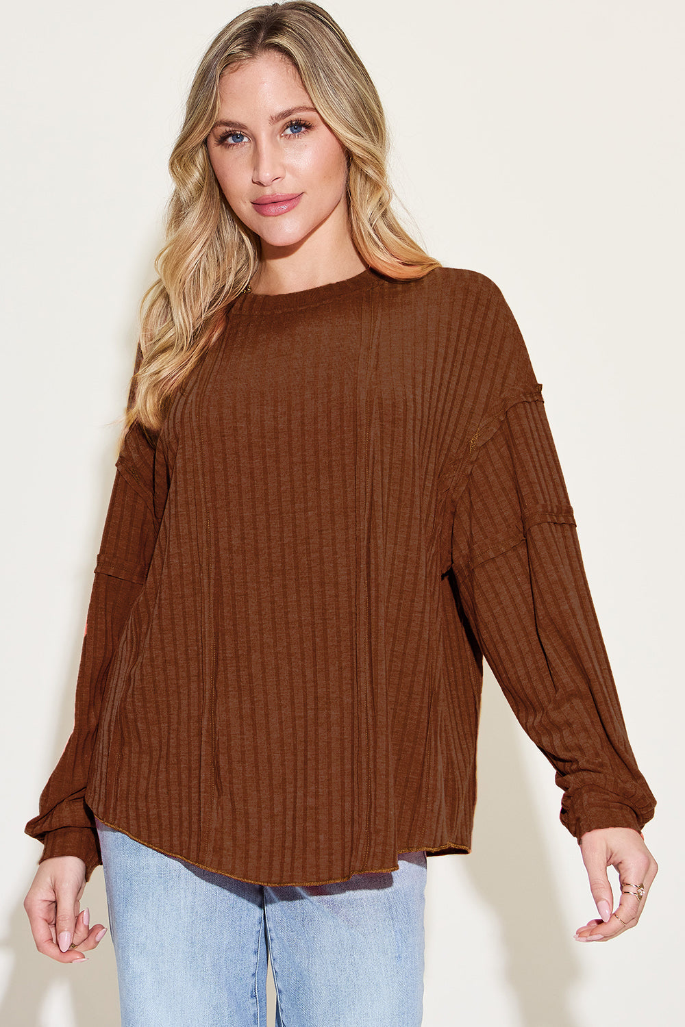 Shopbasicbae Basic Bae Full Size Ribbed Round Neck Long Sleeve T-shirt in Dark Brown - Long Shirt (top)