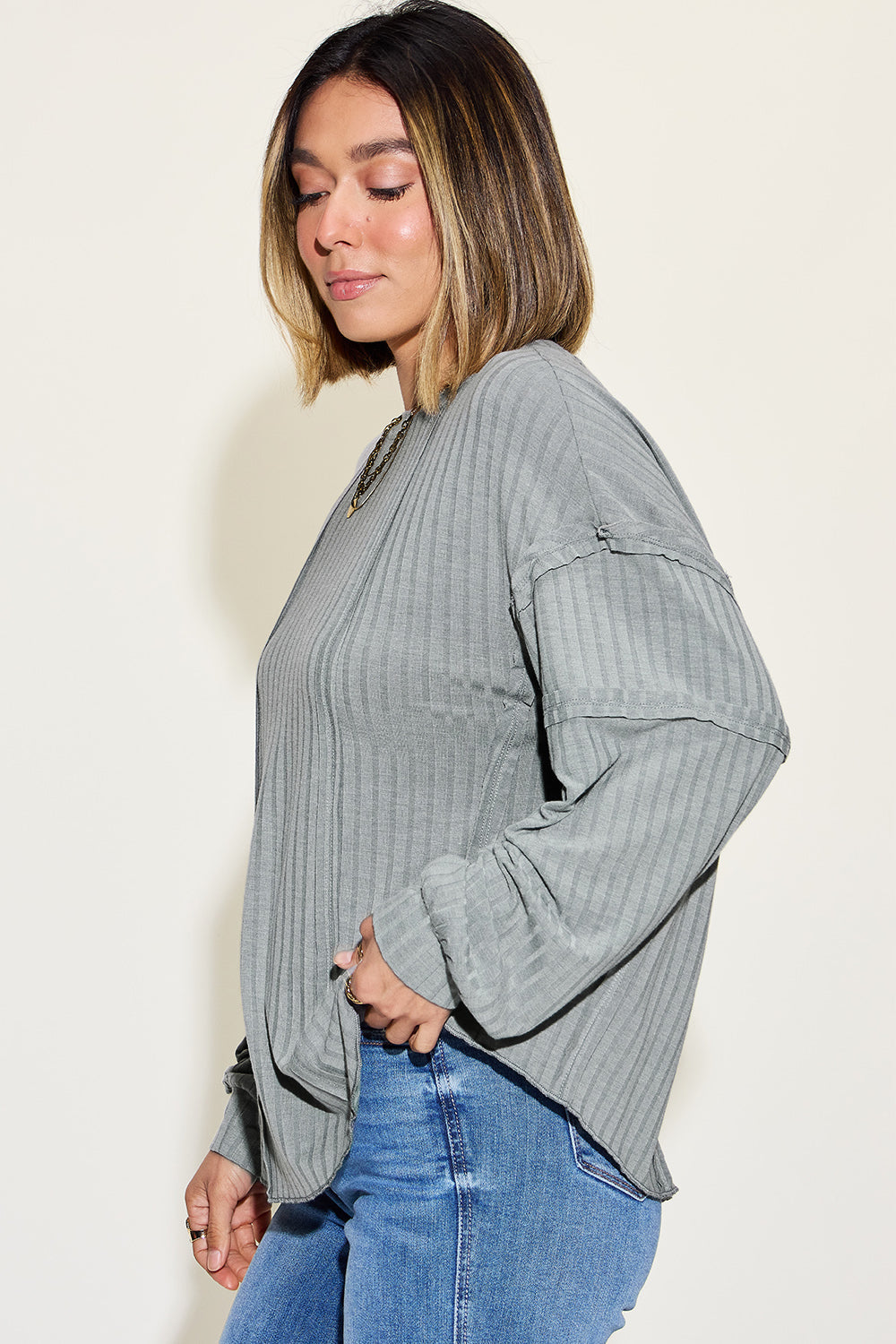 Shopbasicbae Basic Bae Full Size Ribbed Round Neck Long Sleeve T-shirt in Lavender view 12 - Long Shirt (top)