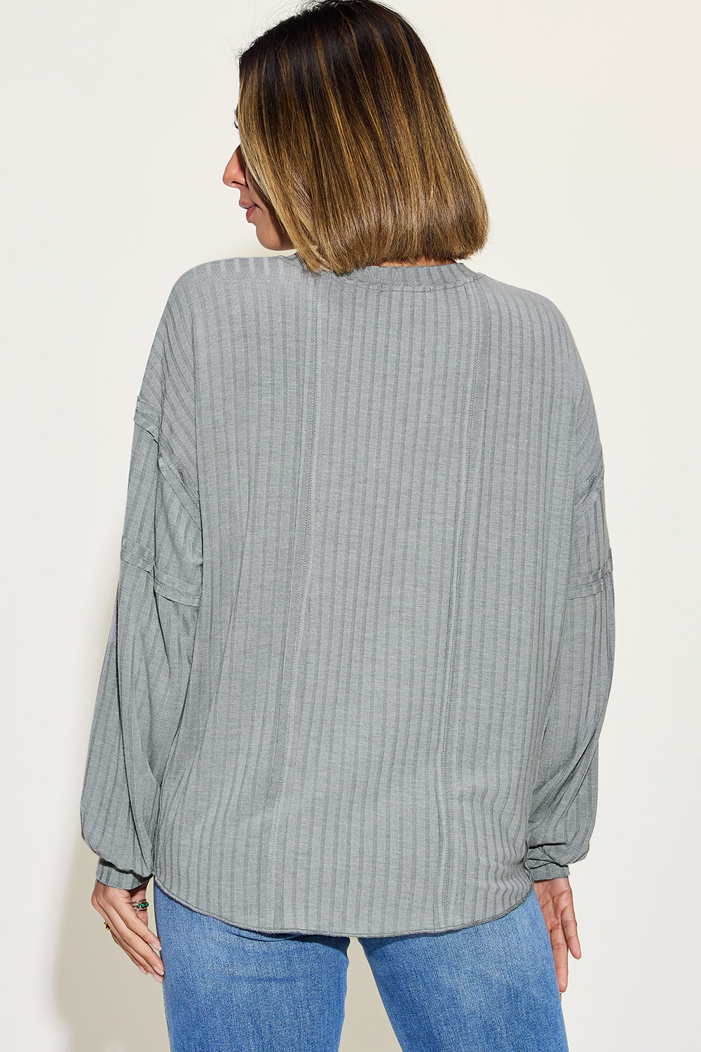 Shopbasicbae Basic Bae Full Size Ribbed Round Neck Long Sleeve T-shirt in Gray view 14 - Long Shirt (top)