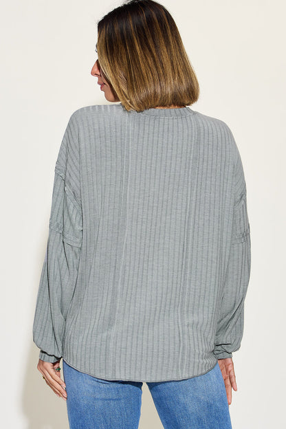 Shopbasicbae Basic Bae Full Size Ribbed Round Neck Long Sleeve T-shirt in Gray view 14 - Long Shirt (top)