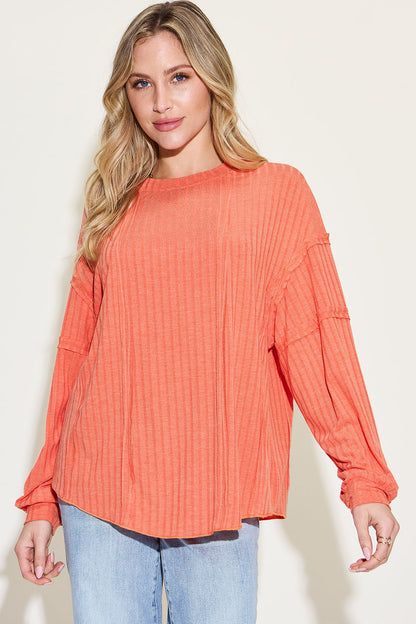 Shopbasicbae Basic Bae Full Size Ribbed Round Neck Long Sleeve T-shirt in Gray view 16 - Long Shirt (top)