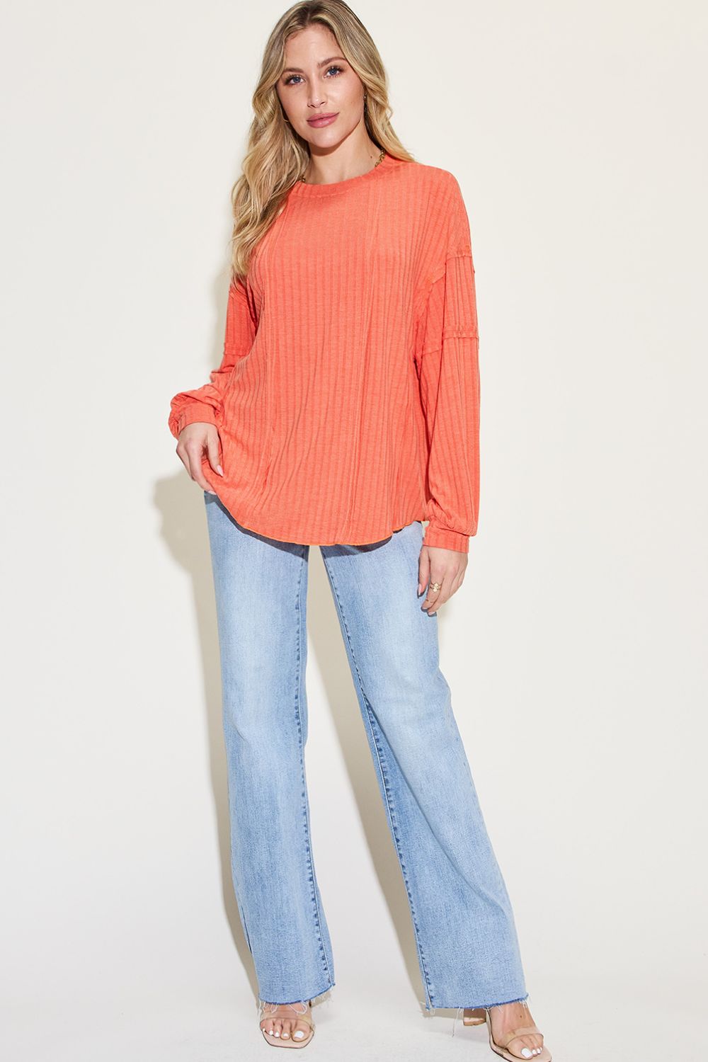Shopbasicbae Basic Bae Full Size Ribbed Round Neck Long Sleeve T-shirt in Gray view 18 - Long Shirt (top)