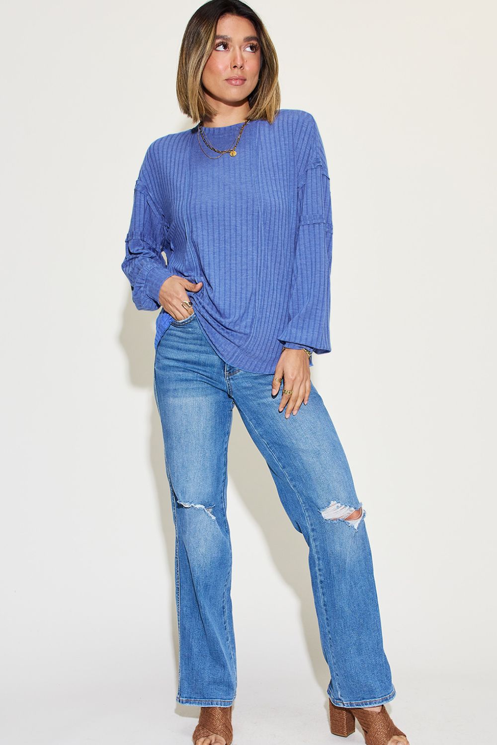 Shopbasicbae Basic Bae Full Size Ribbed Round Neck Long Sleeve T-shirt in Teal view 29 - Long Shirt (top)