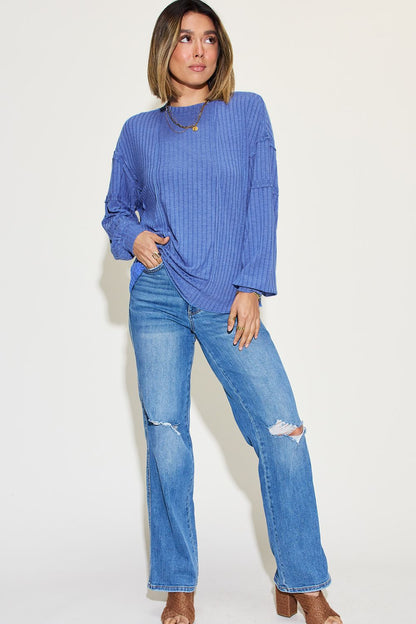 Shopbasicbae Basic Bae Full Size Ribbed Round Neck Long Sleeve T-shirt in Teal view 29 - Long Shirt (top)