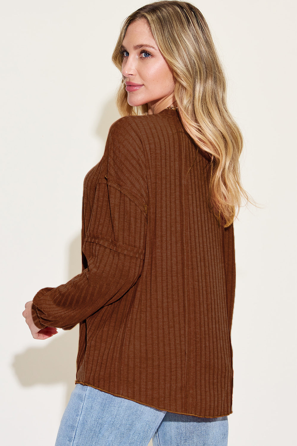 Shopbasicbae Basic Bae Full Size Ribbed Round Neck Long Sleeve T-shirt in Dark Brown view 3 - Long Shirt (top)