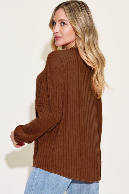 Shopbasicbae Basic Bae Full Size Ribbed Round Neck Long Sleeve T-shirt in Dark Brown view 3 - Long Shirt (top)