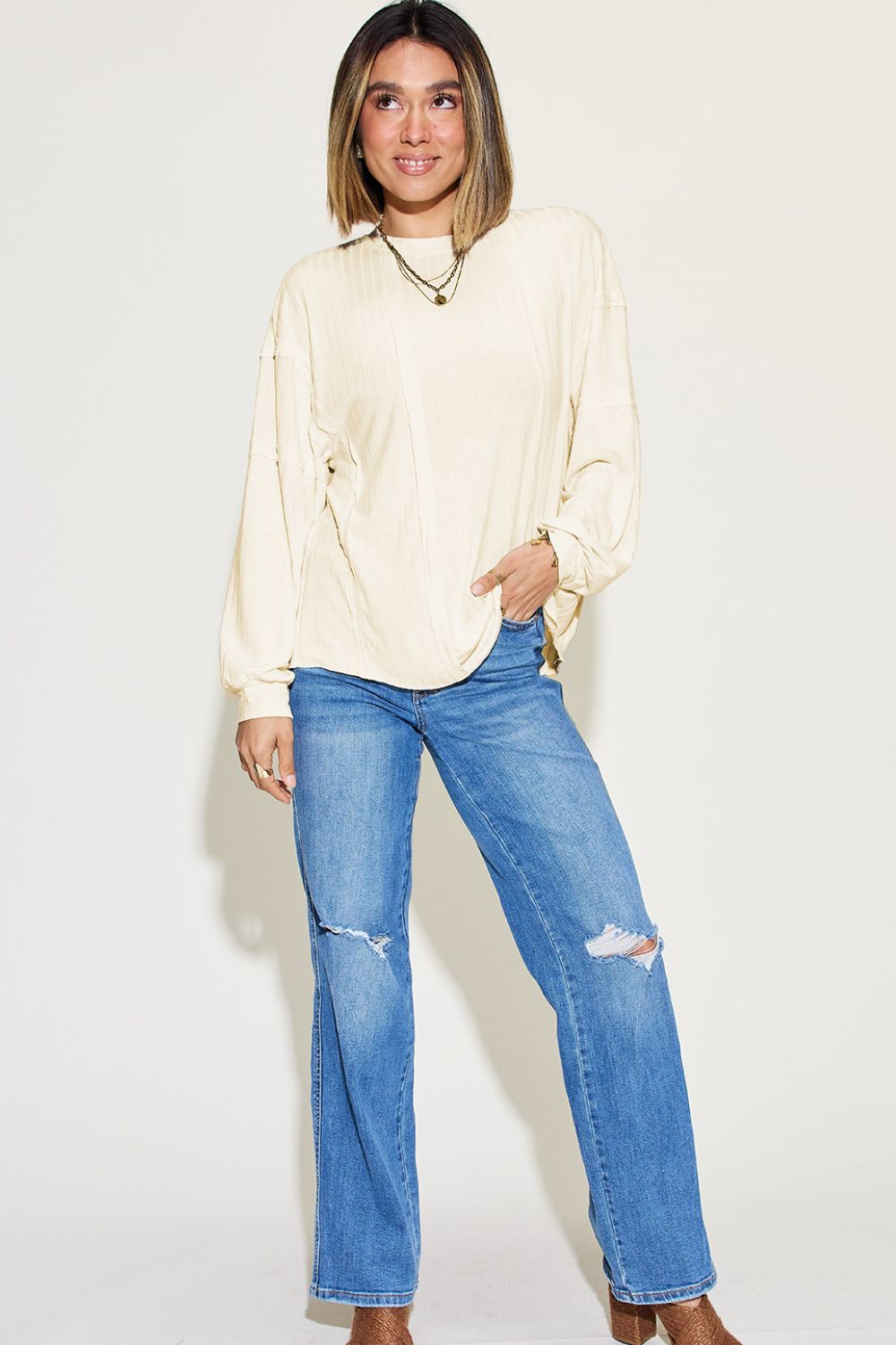 Shopbasicbae Basic Bae Full Size Ribbed Round Neck Long Sleeve T-shirt in Black view 33 - Long Shirt (top)