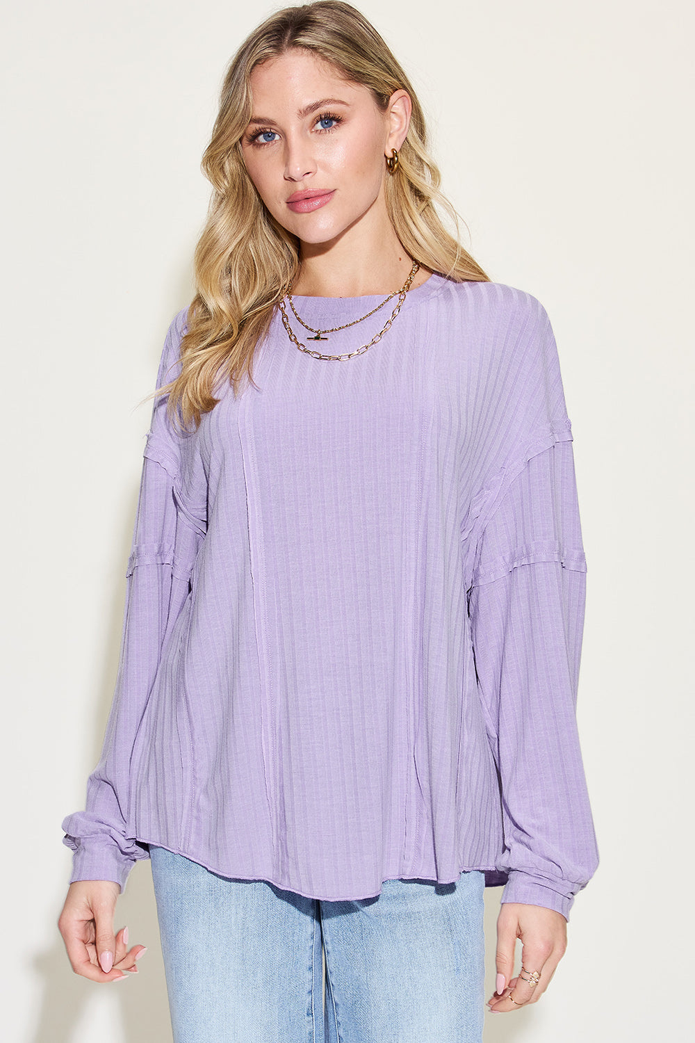 Shopbasicbae Basic Bae Full Size Ribbed Round Neck Long Sleeve T-shirt in Dark Brown view 4 - Long Shirt (top)