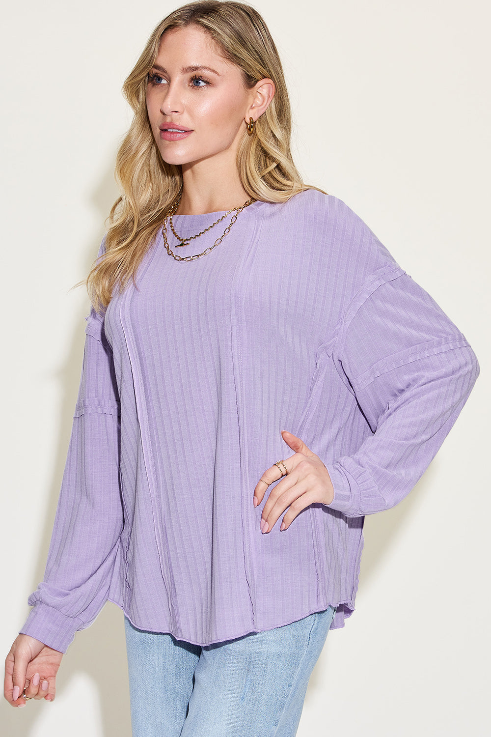 Shopbasicbae Basic Bae Full Size Ribbed Round Neck Long Sleeve T-shirt in Dark Brown view 5 - Long Shirt (top)