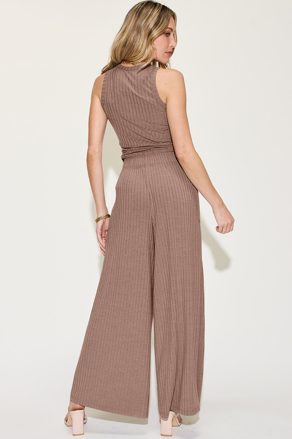 Shopbasicbae Basic Bae Full Size Ribbed Tank and Wide Leg Pants Set in Mocha view 4 - Basic Bae Lounge Set (top)