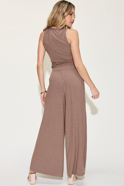 Shopbasicbae Basic Bae Full Size Ribbed Tank and Wide Leg Pants Set in Mocha view 4 - Basic Bae Lounge Set (top)