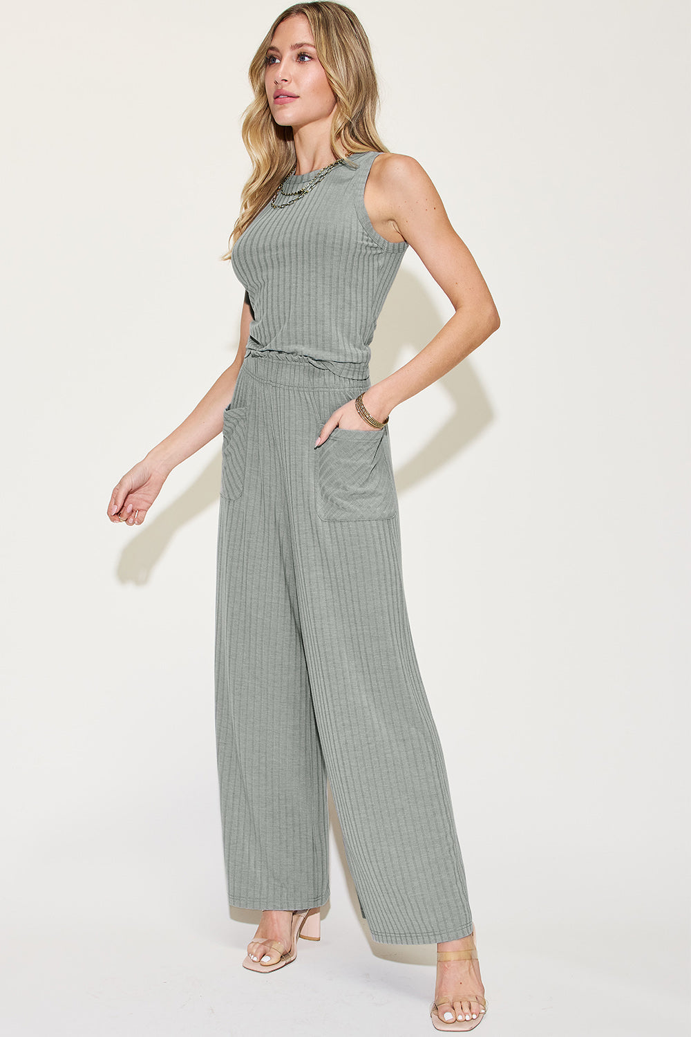 Shopbasicbae Basic Bae Full Size Ribbed Tank and Wide Leg Pants Set in Gray view 8 - Basic Bae Lounge Set (top)