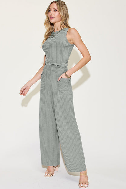 Shopbasicbae Basic Bae Full Size Ribbed Tank and Wide Leg Pants Set in Gray view 8 - Basic Bae Lounge Set (top)