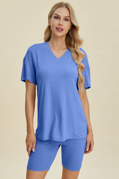 Shopbasicbae Basic Bae Full Size Ribbed V-neck Short Sleeve Top and Shorts Set in Lavender view 10 - Set Top