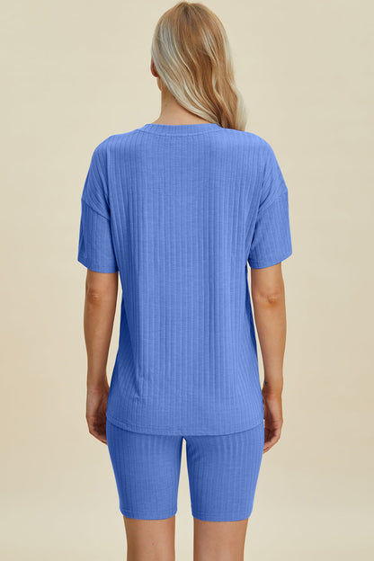 Shopbasicbae Basic Bae Full Size Ribbed V-neck Short Sleeve Top and Shorts Set in Lavender view 12 - Set Top