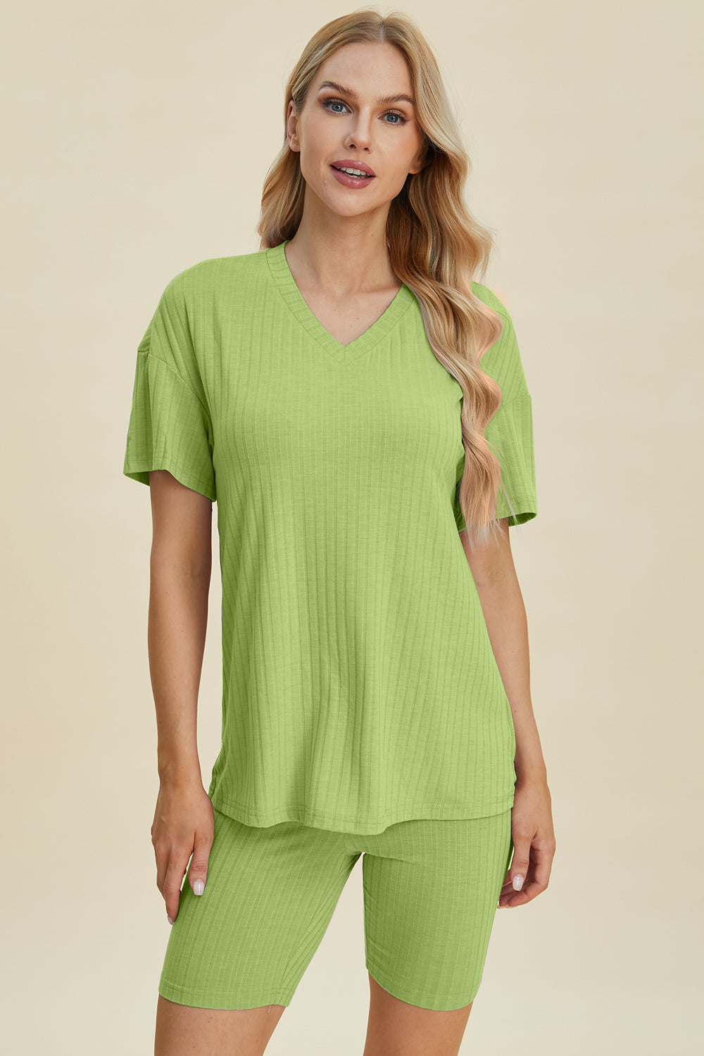 Shopbasicbae Basic Bae Full Size Ribbed V-neck Short Sleeve Top and Shorts Set in Chartreuse view 13 - Set Top