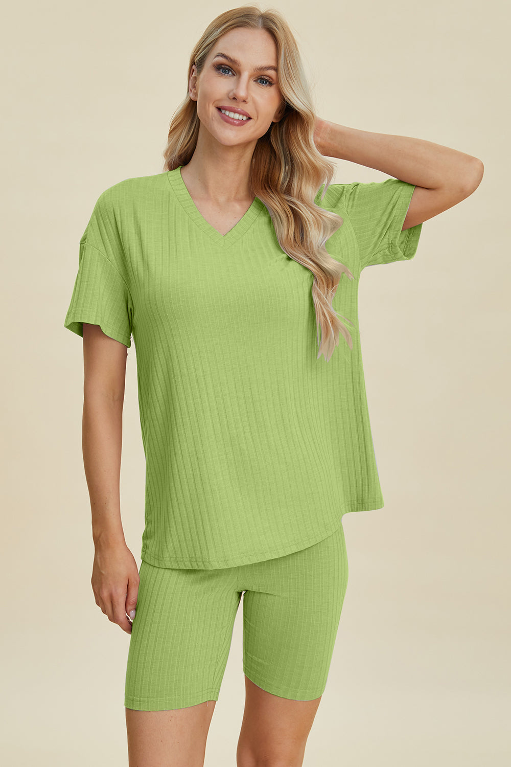Shopbasicbae Basic Bae Full Size Ribbed V-neck Short Sleeve Top and Shorts Set in Chartreuse view 14 - Set Top