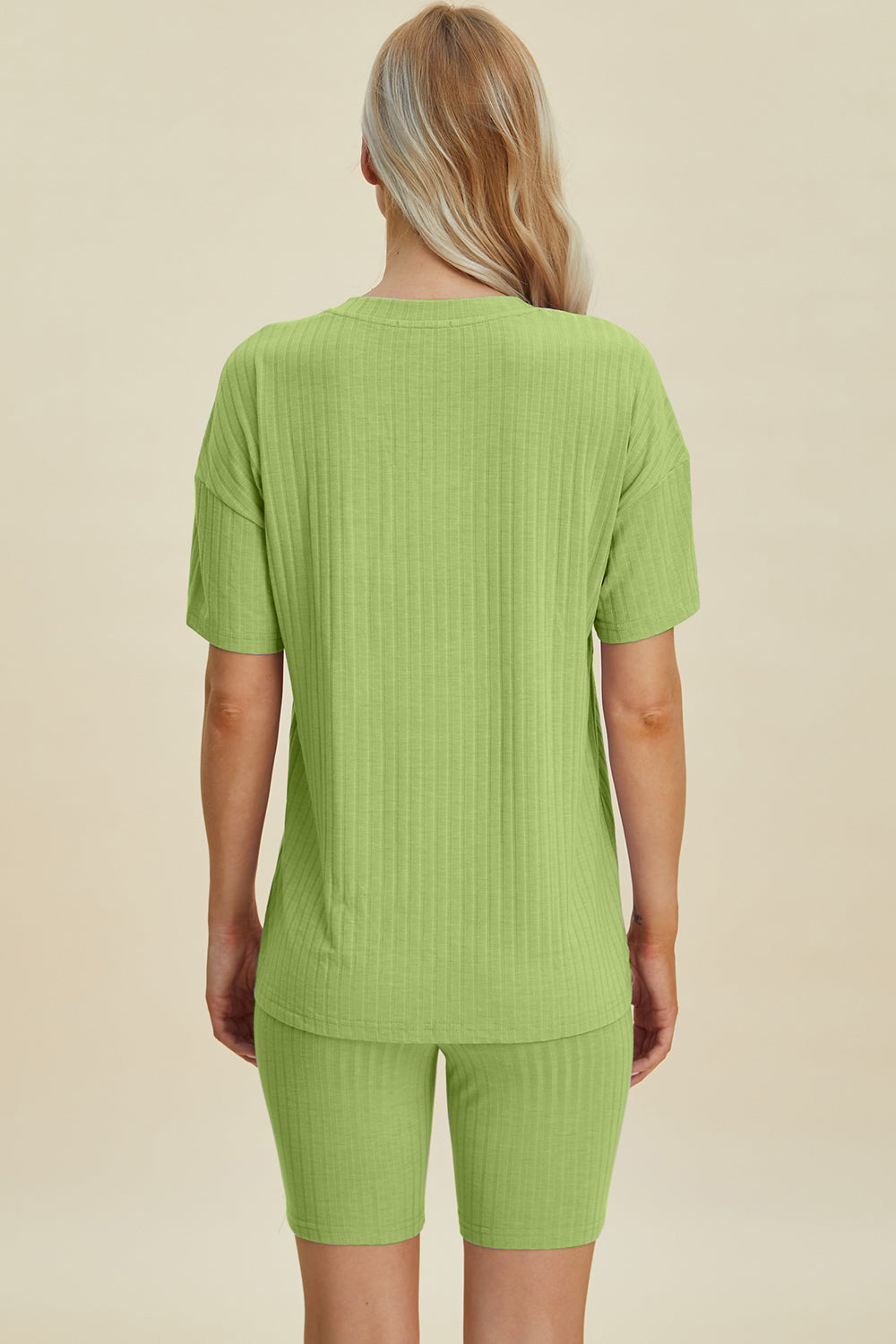 Shopbasicbae Basic Bae Full Size Ribbed V-neck Short Sleeve Top and Shorts Set in Chartreuse view 15 - Set Top