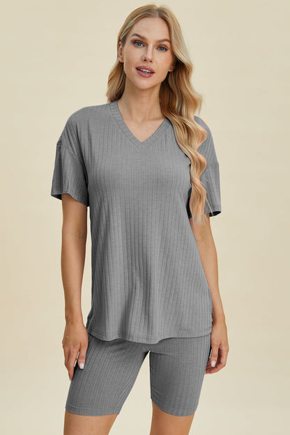 Shopbasicbae Basic Bae Full Size Ribbed V-neck Short Sleeve Top and Shorts Set in Chartreuse view 17 - Set Top
