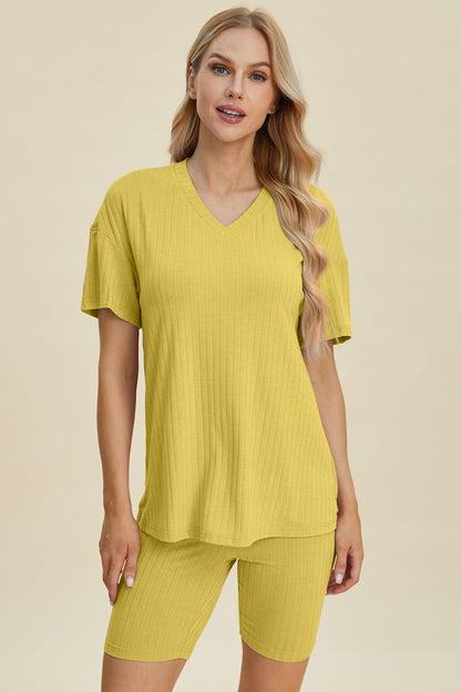 Shopbasicbae Basic Bae Full Size Ribbed V-neck Short Sleeve Top and Shorts Set in Blue view 20 - Set Top