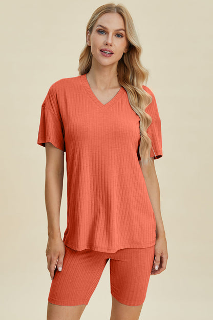 Shopbasicbae Basic Bae Full Size Ribbed V-neck Short Sleeve Top and Shorts Set in Blue view 22 - Set Top