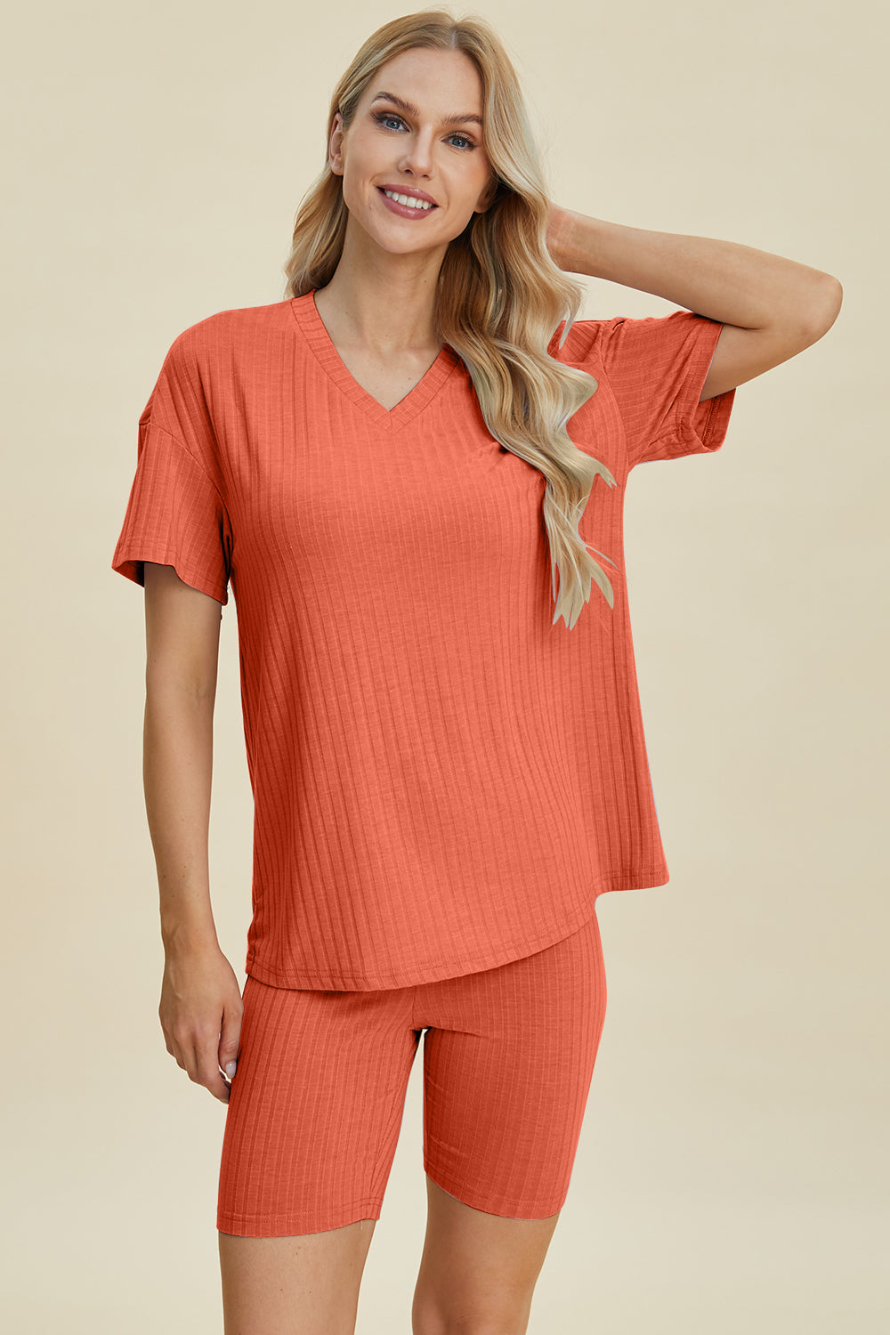Shopbasicbae Basic Bae Full Size Ribbed V-neck Short Sleeve Top and Shorts Set in Blue view 23 - Set Top