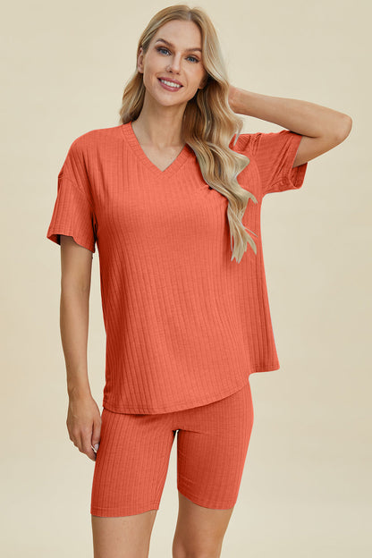 Shopbasicbae Basic Bae Full Size Ribbed V-neck Short Sleeve Top and Shorts Set in Blue view 23 - Set Top