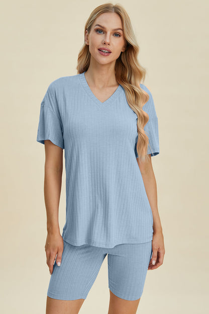 Shopbasicbae Basic Bae Full Size Ribbed V-neck Short Sleeve Top and Shorts Set in Yellow-Green view 25 - Set Top