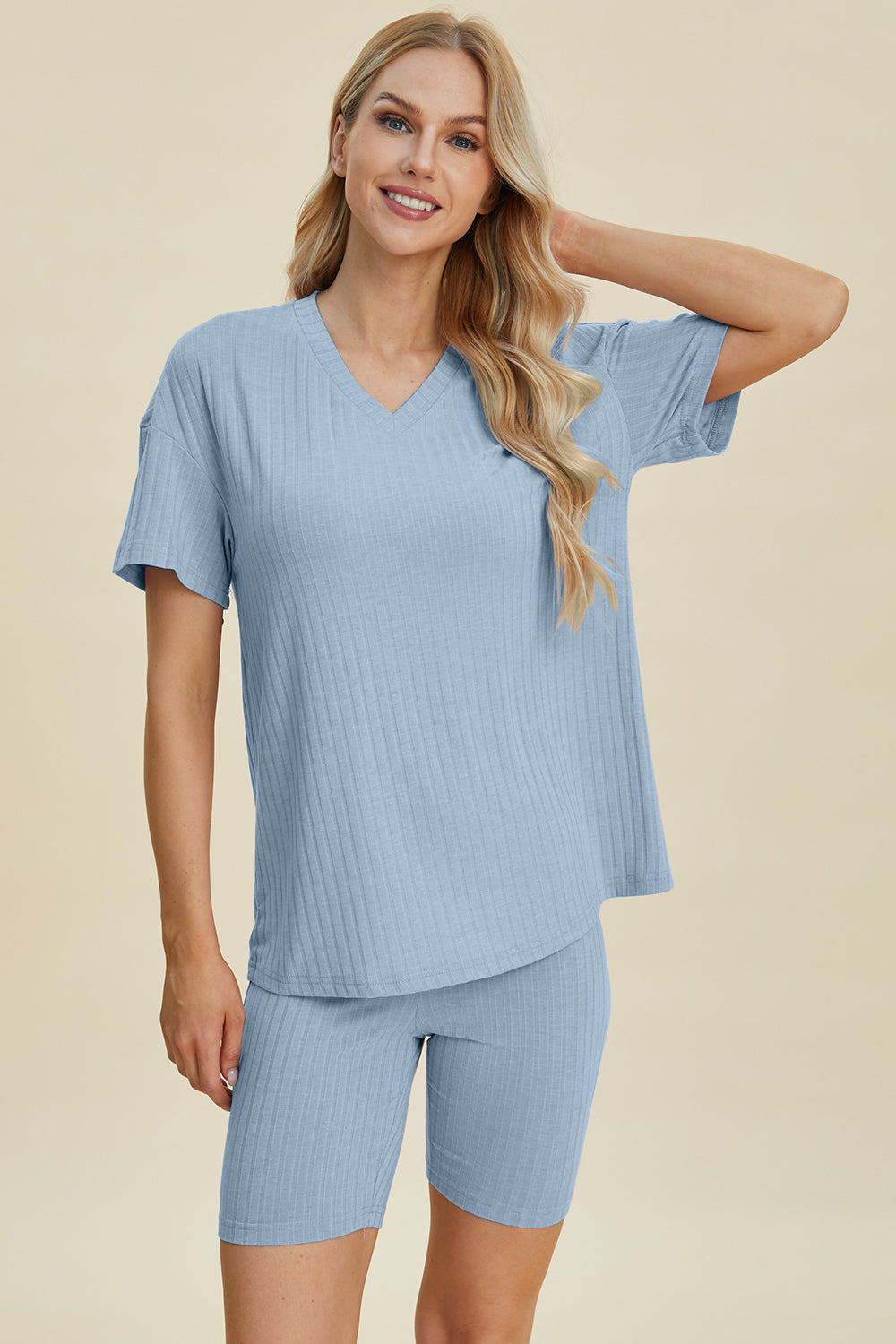Shopbasicbae Basic Bae Full Size Ribbed V-neck Short Sleeve Top and Shorts Set in Yellow-Green view 26 - Set Top