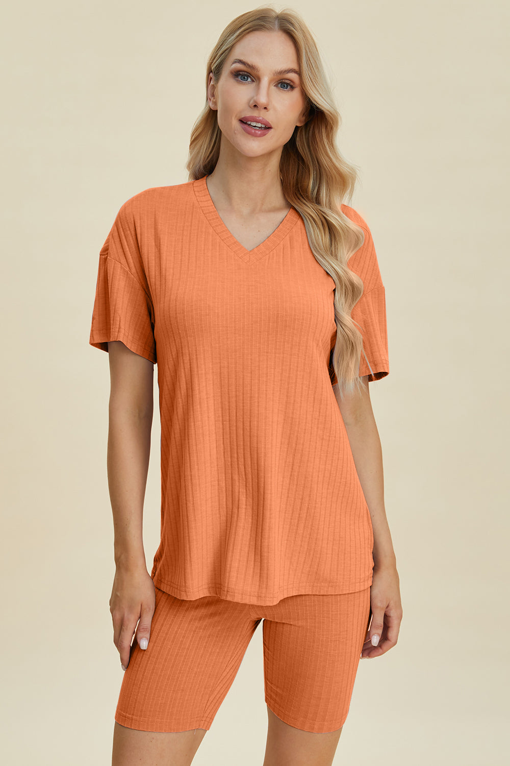 Shopbasicbae Basic Bae Full Size Ribbed V-neck Short Sleeve Top and Shorts Set in Yellow-Green view 29 - Set Top