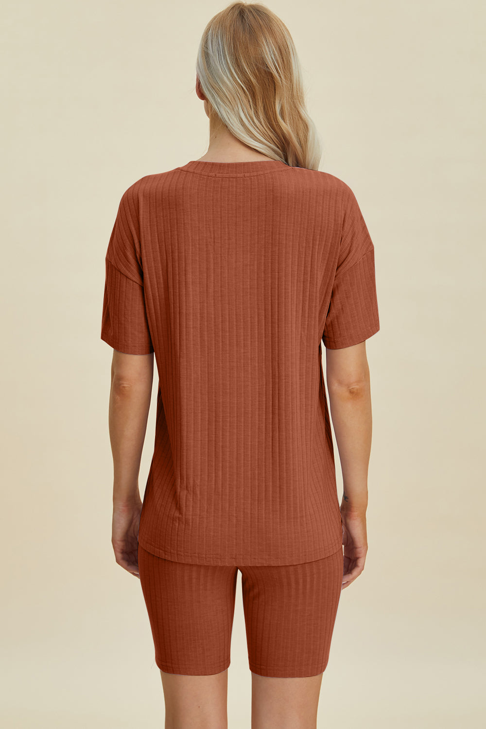 Shopbasicbae Basic Bae Full Size Ribbed V-neck Short Sleeve Top and Shorts Set in Caramel view 3 - Set Top