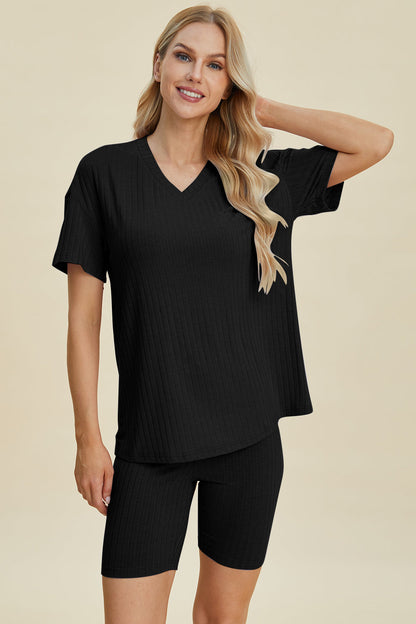 Shopbasicbae Basic Bae Full Size Ribbed V-neck Short Sleeve Top and Shorts Set in Gray view 31 - Set Top