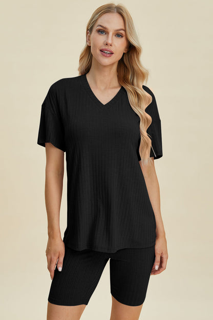 Shopbasicbae Basic Bae Full Size Ribbed V-neck Short Sleeve Top and Shorts Set in Gray view 32 - Set Top