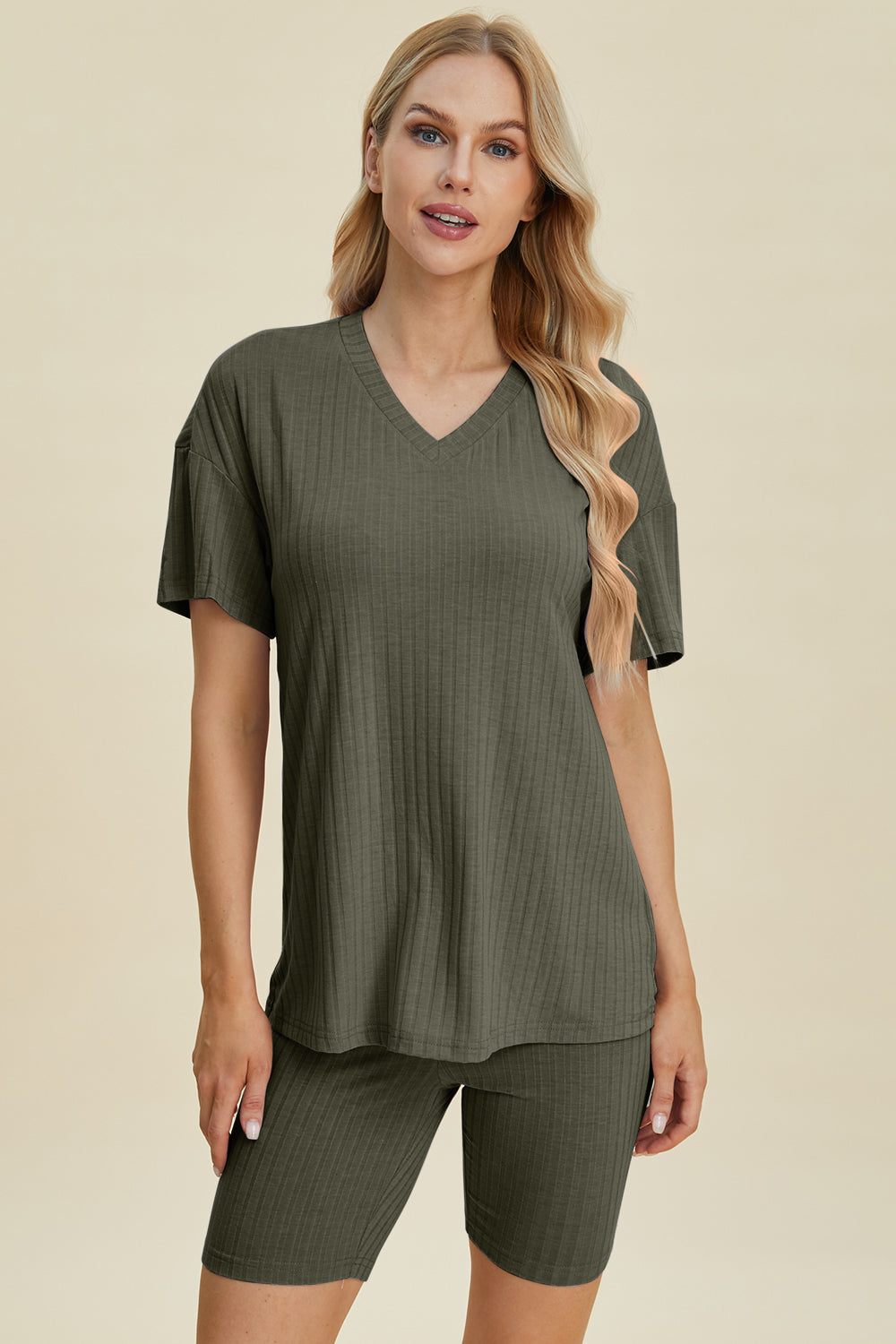 Shopbasicbae Basic Bae Full Size Ribbed V-neck Short Sleeve Top and Shorts Set in Gray view 34 - Set Top