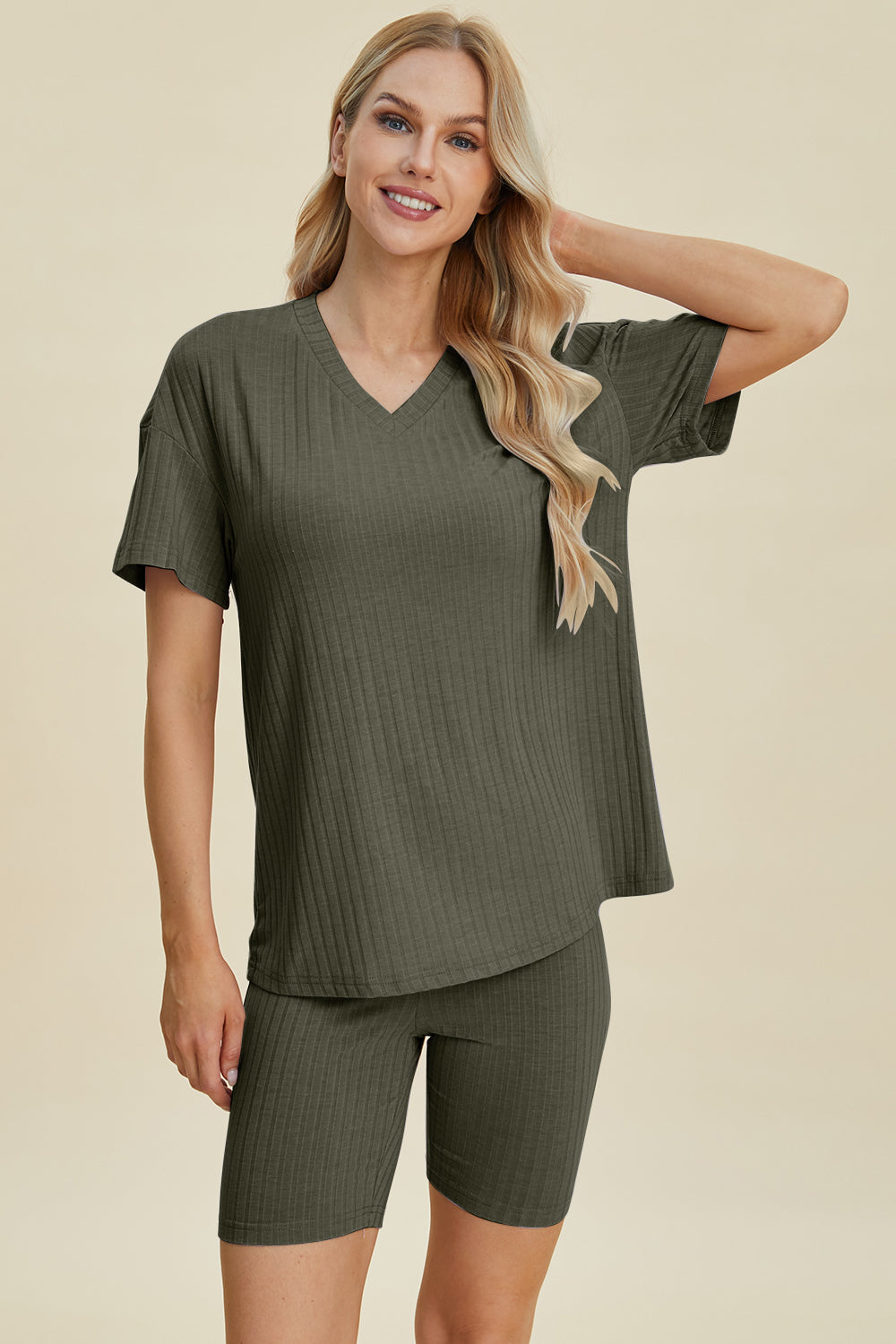 Shopbasicbae Basic Bae Full Size Ribbed V-neck Short Sleeve Top and Shorts Set in Gray view 35 - Set Top