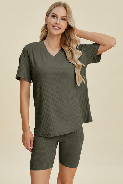 Shopbasicbae Basic Bae Full Size Ribbed V-neck Short Sleeve Top and Shorts Set in Gray view 35 - Set Top