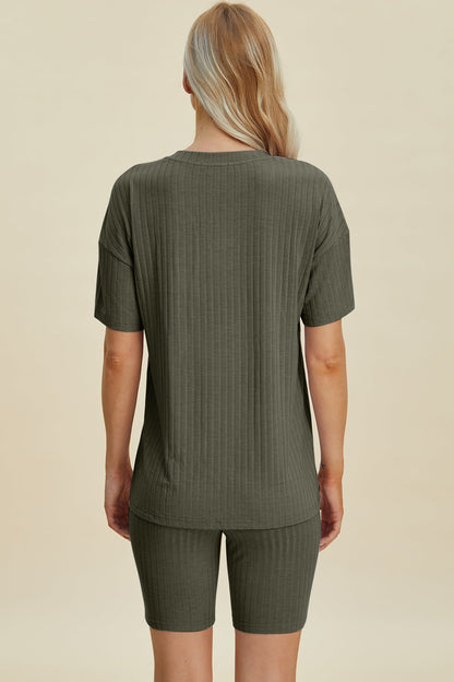 Shopbasicbae Basic Bae Full Size Ribbed V-neck Short Sleeve Top and Shorts Set in Gray view 36 - Set Top