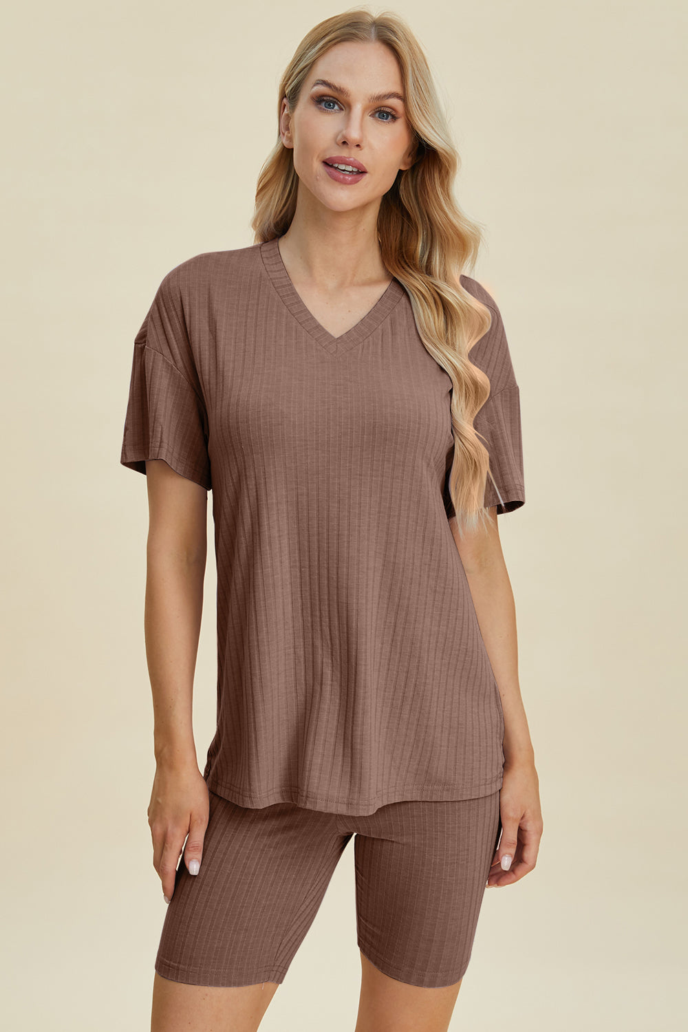 Shopbasicbae Basic Bae Full Size Ribbed V-neck Short Sleeve Top and Shorts Set in Yellow view 38 - Set Top