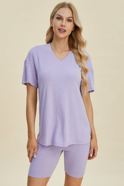 Shopbasicbae Basic Bae Full Size Ribbed V-neck Short Sleeve Top and Shorts Set in Caramel view 4 - Set Top