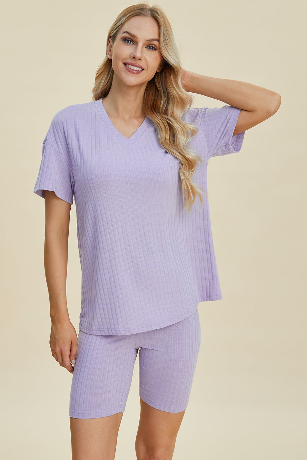 Shopbasicbae Basic Bae Full Size Ribbed V-neck Short Sleeve Top and Shorts Set in Caramel view 5 - Set Top