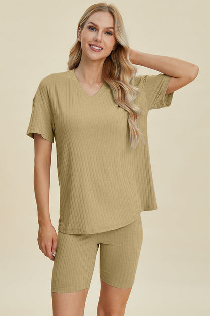 Shopbasicbae Basic Bae Full Size Ribbed V-neck Short Sleeve Top and Shorts Set in Lavender view 8 - Set Top